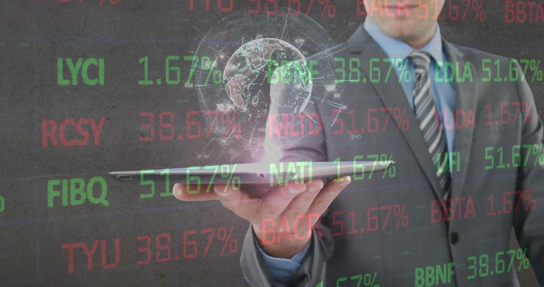 Businessman Holding Tablet with Global Financial Data Display