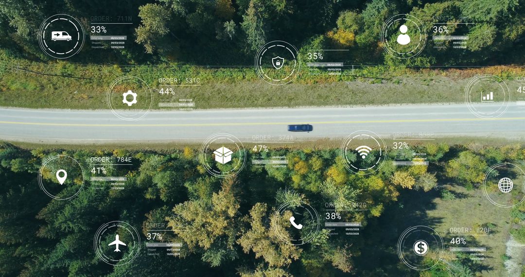Aerial View of Digital Data Processing Over Road and Forest