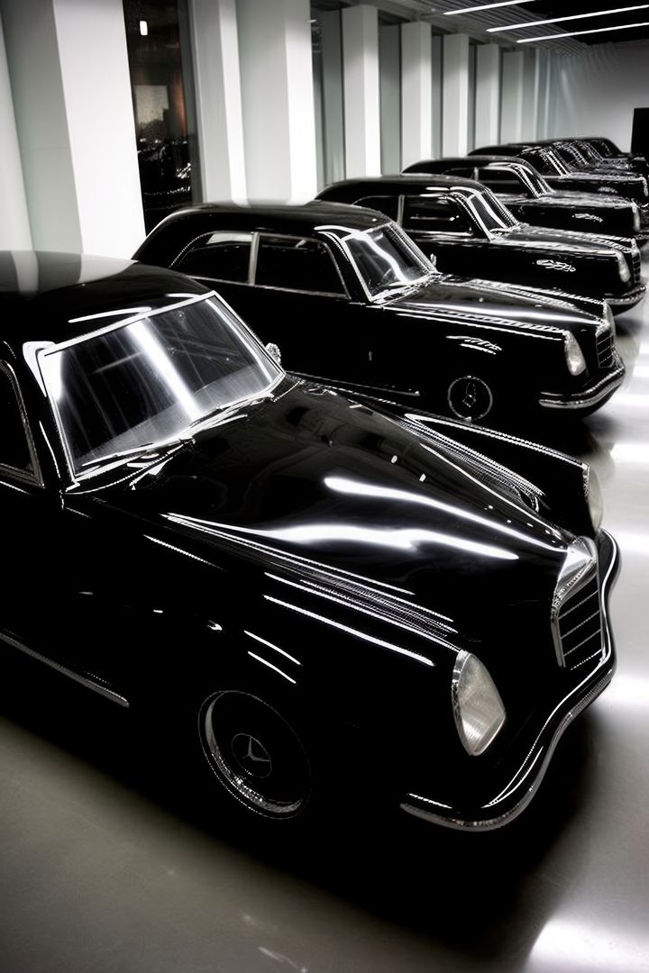 Row of Classic Black Vintage Luxury Cars in Indoor Showroom - Free Images, Stock Photos and Pictures on Pikwizard.com