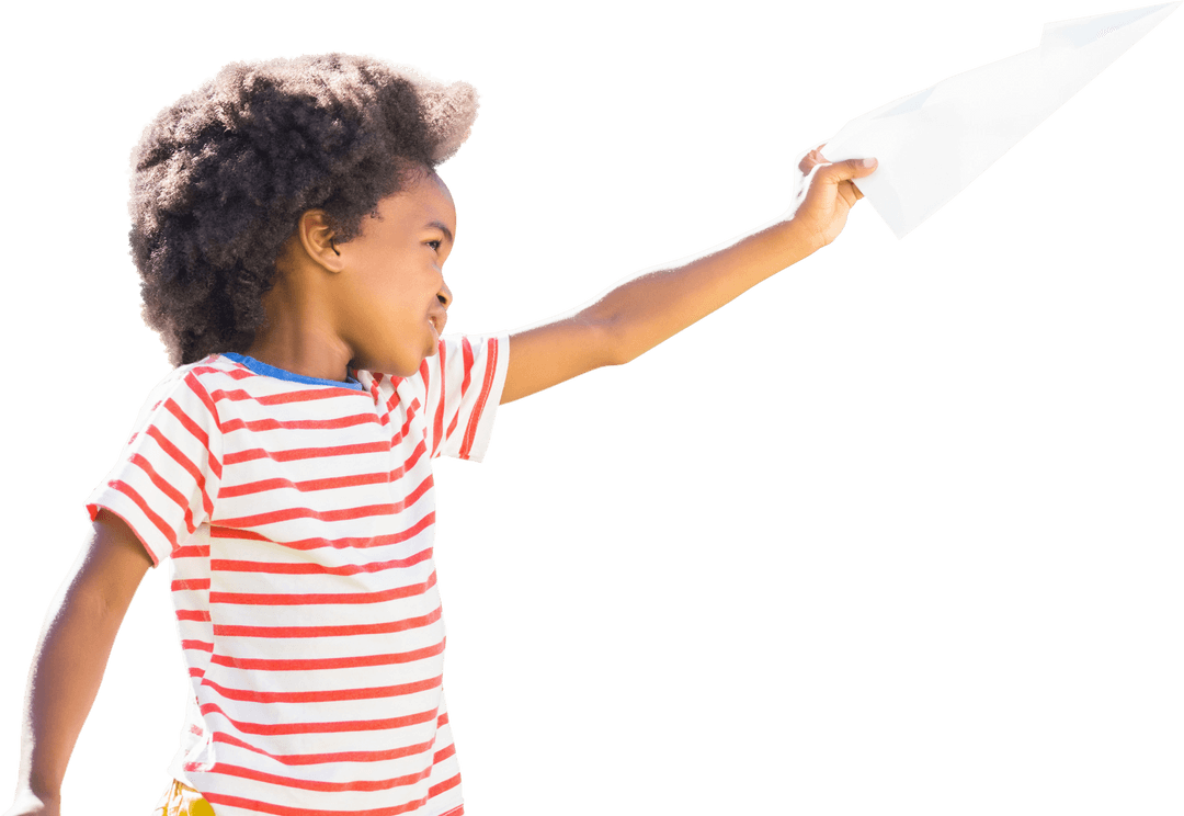 Joyful Child Flying Paper Airplane on Transparent Background