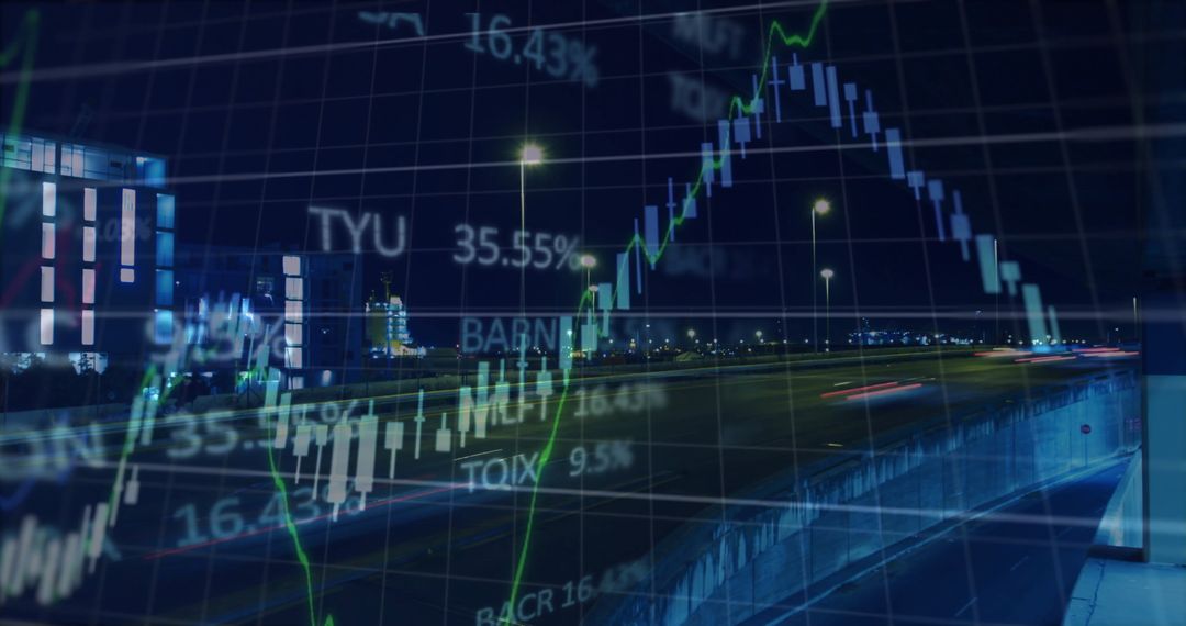 Night Highway Overpass with Dynamic Financial Chart Overlay