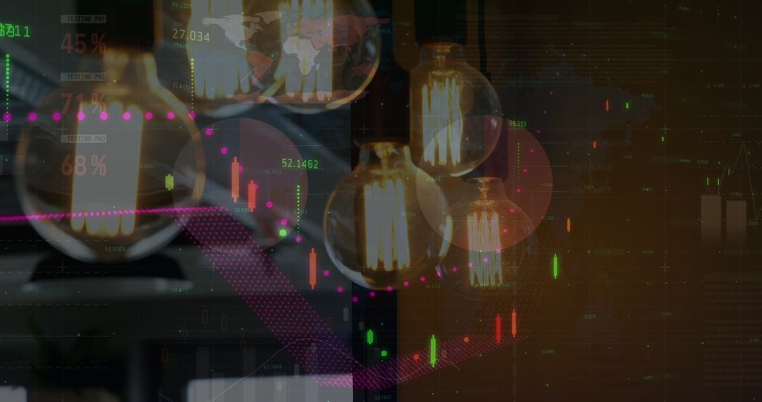Financial Data Overlaid on Illuminated Bulbs Depicting Market Insights