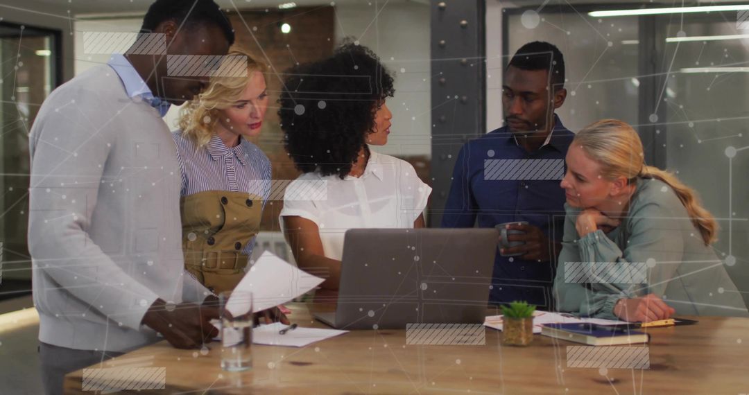 Diverse Team Collaborating in Modern Office with Network Graphics Overlay