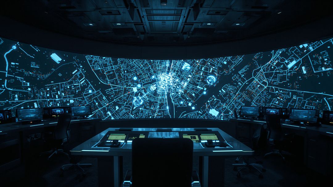 Futuristic Command Center with City Map Display and Touchscreen Interface