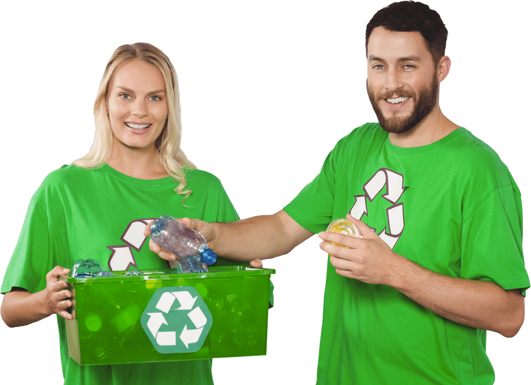 Transparent Recycling Enthusiasts Holding Green Bin
