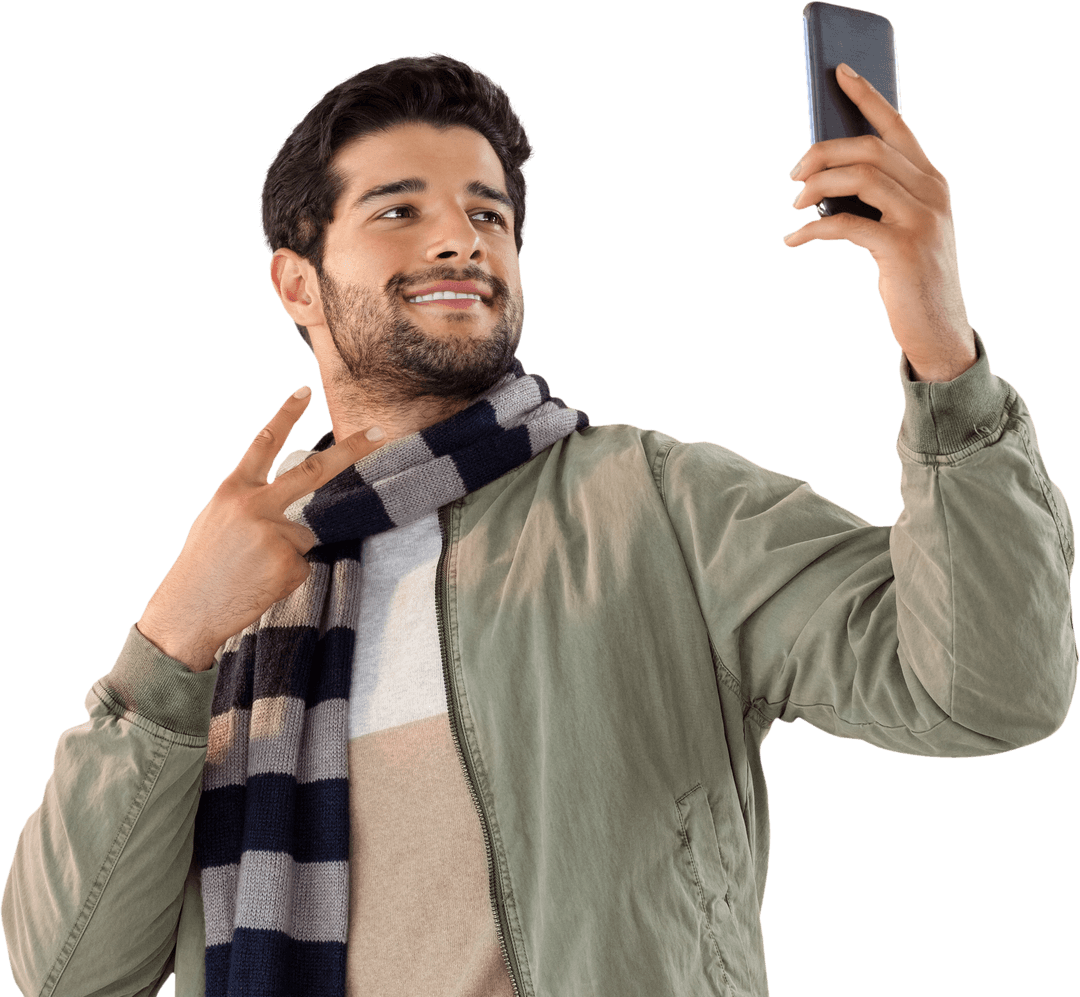 Smiling Man Taking Transparent Selfie with Mobile Phone