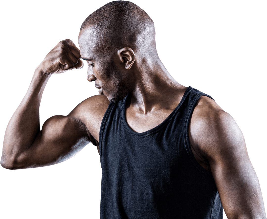 Athletic Man Flexing Bicep and Observing Strength on Transparent Background