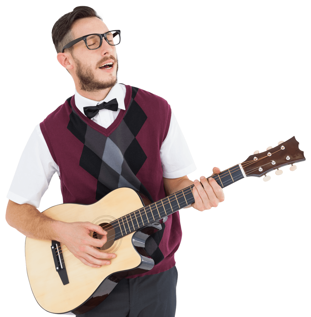 Transparent Geeky Hipster Singing While Playing Guitar