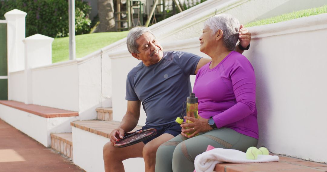 Senior couple resting after playing tennis outdoors - Free Images, Stock Photos and Pictures on Pikwizard.com