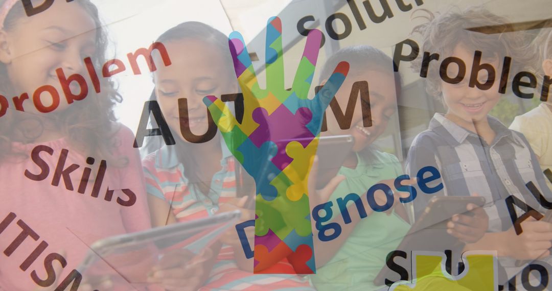 Diverse Group of Children Exploring Digital Learning with Puzzle Overlay