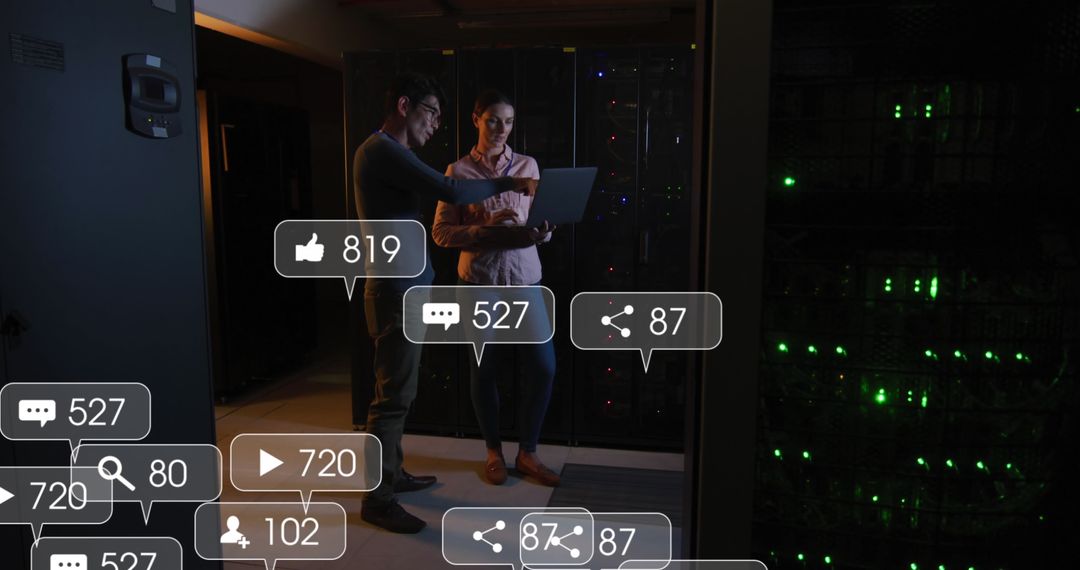 Teamwork in Dark Tech Hub With Social Media Overlay