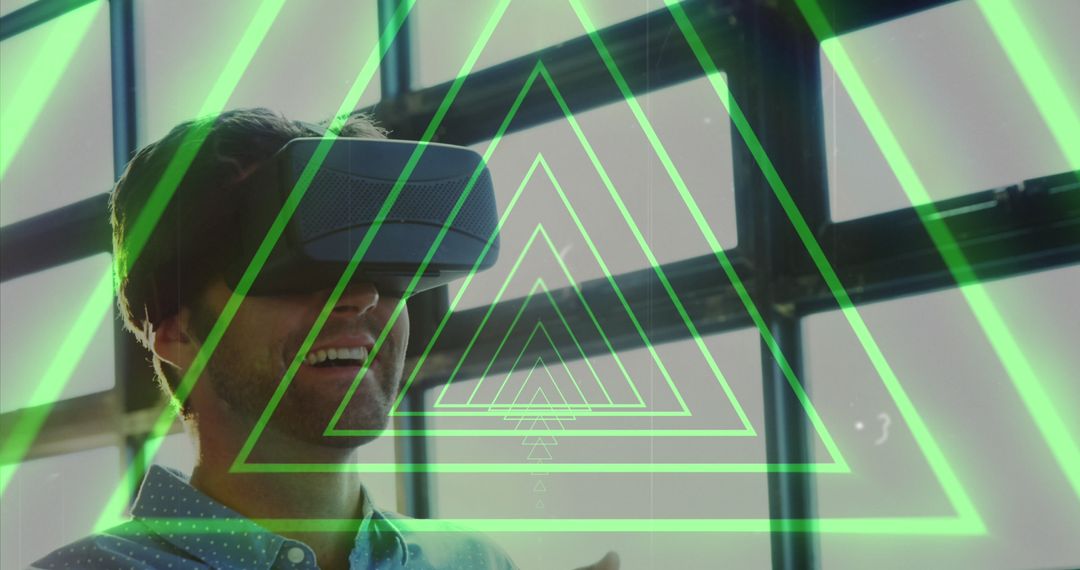 Man Experiencing Virtual Reality Through Neon Tunnel