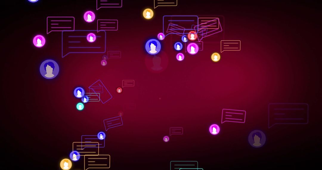 Floating Neon Chat Network with User Avatars, Speech Bubbles and Notifications