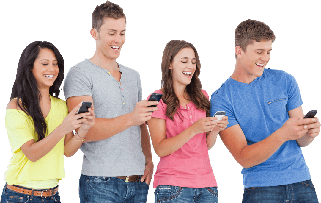 Group of Friends Laughing Using Phones in Transparent Background