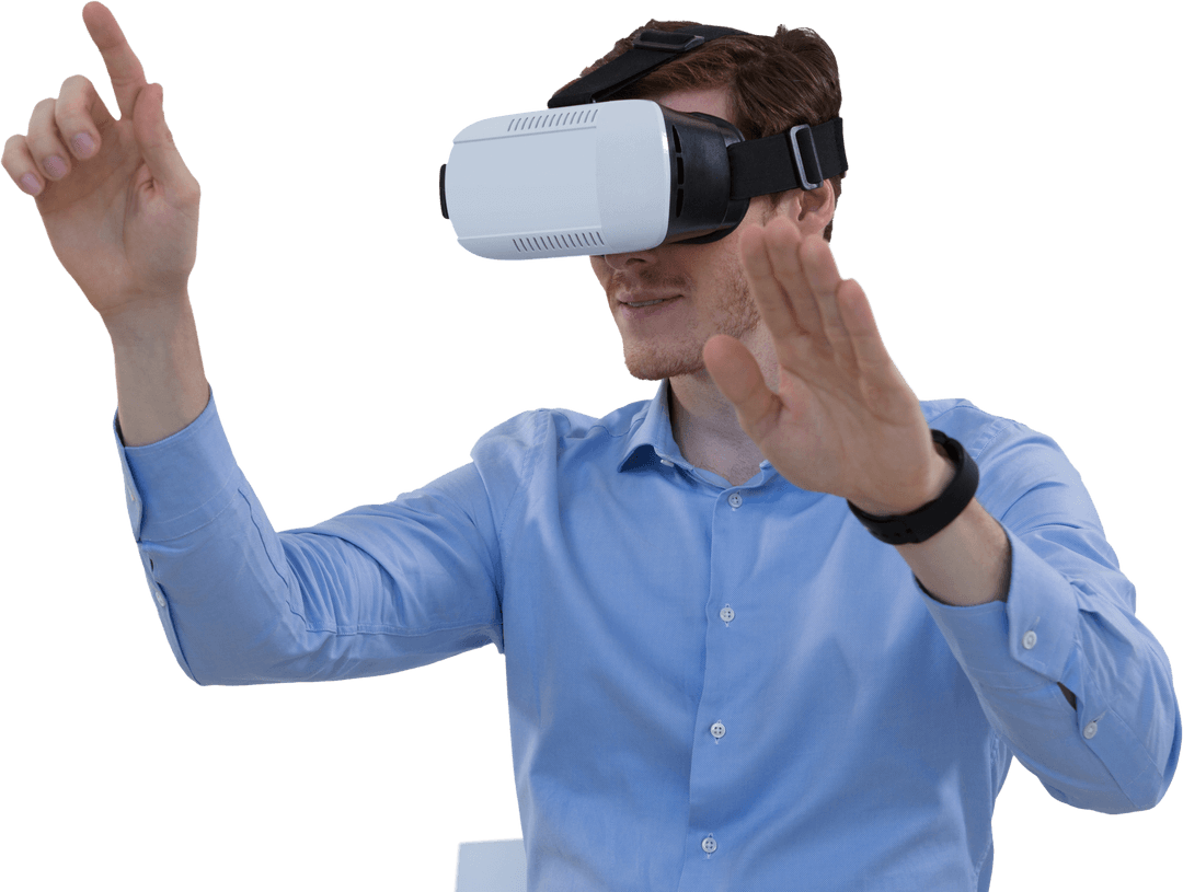 Caucasian Man Using VR Headset on Transparent Background for Innovation Concept
