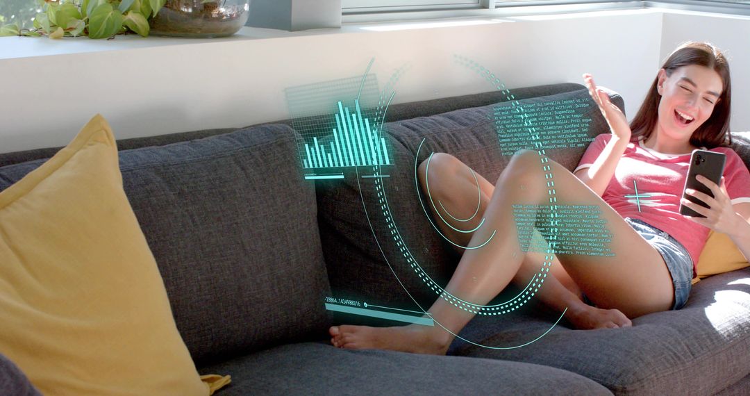 Young woman relaxing on sofa using smartphone with AR HUD overlay in modern lounge