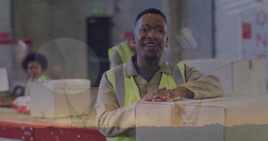 Smiling Worker in Warehouse with Overlayed Statistic Charts