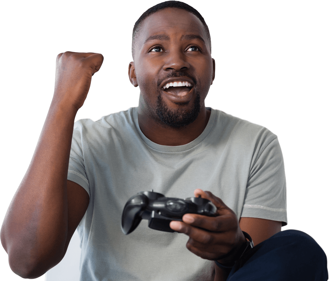 Transparent Joyful Gamer Winning Video Game Playing at Home