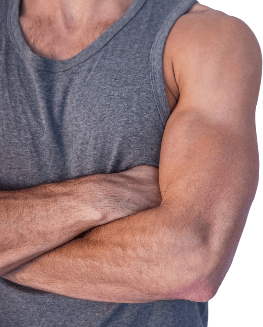 Muscular Arm in Gray Sleeveless Shirt on Transparent Background