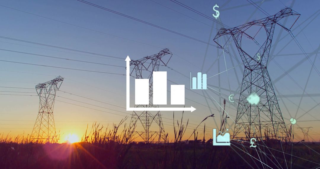 Global Business Connection with Financial Symbols and Power Lines