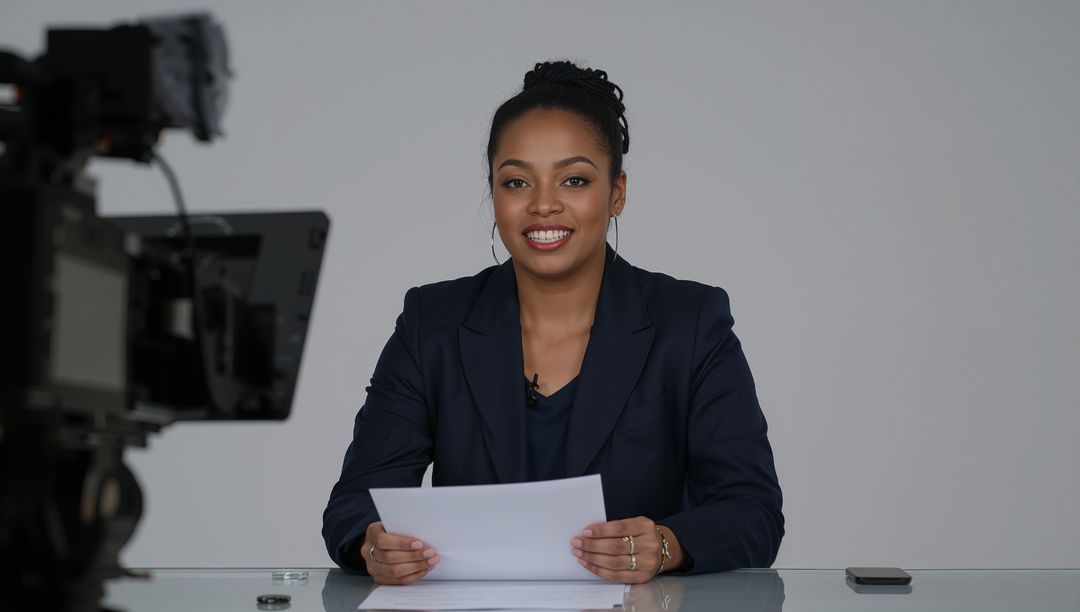 Smiling News Anchor Presenting News in Modern Studio
