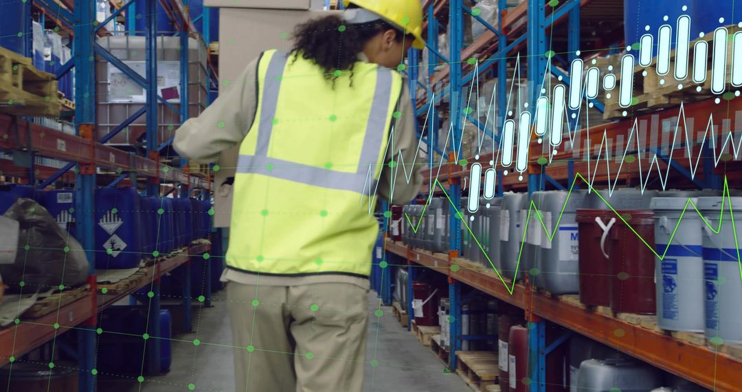 Warehouse Worker in Hi-Vis Gear With Data Visualization Overlay