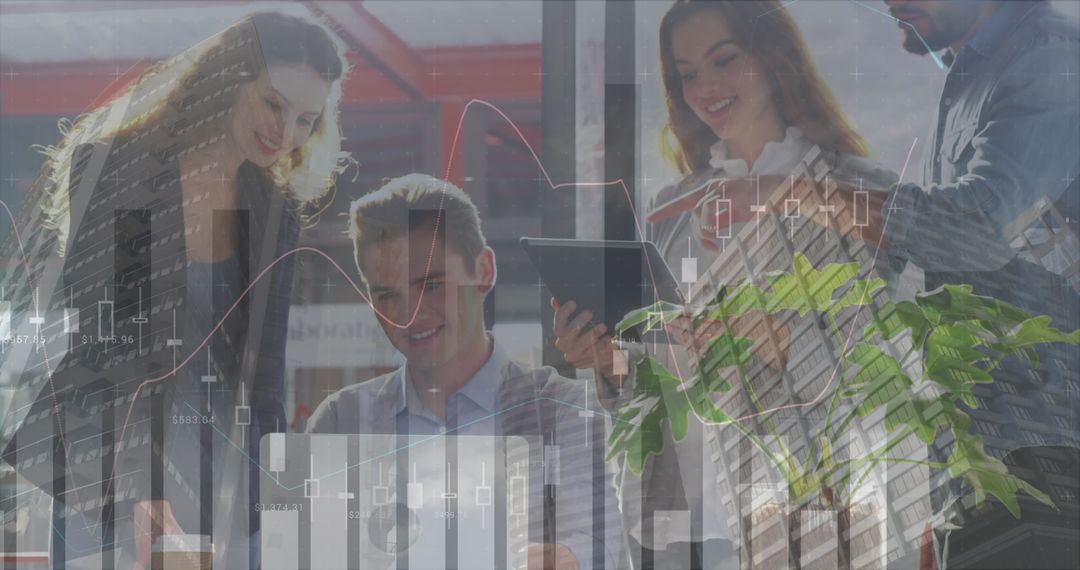 Businesspeople Analyzing Financial Data with Abstract City Overlay