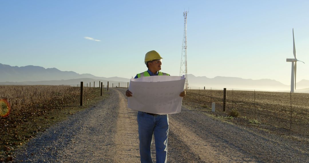 Engineer Examining Blueprint at Wind Farm - Free Images, Stock Photos and Pictures on Pikwizard.com