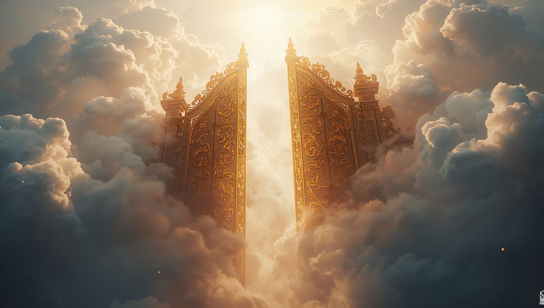 Ethereal golden gates amidst heavenly clouds
