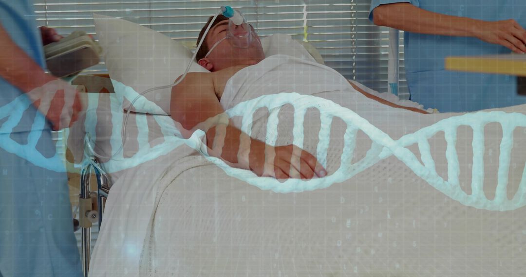 Critical Care Patient Receiving Oxygen in ICU with DNA Helix Health Technology Overlay