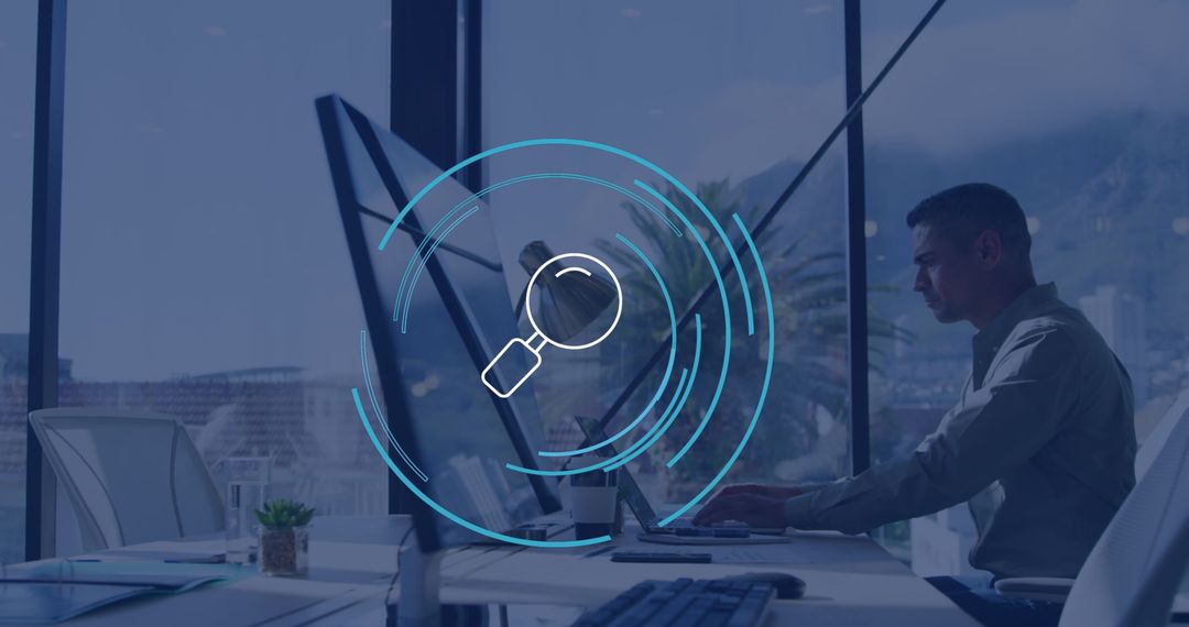 Businessman Working on Laptop with Technology Interface Overlay