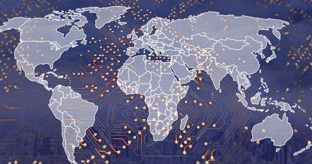 Global Connectivity Highlighted on Circuit-Infused World Map