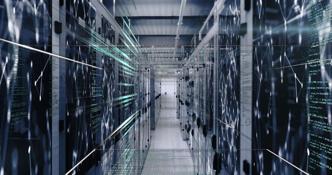 Futuristic Data Center with Digital Processing Overlays