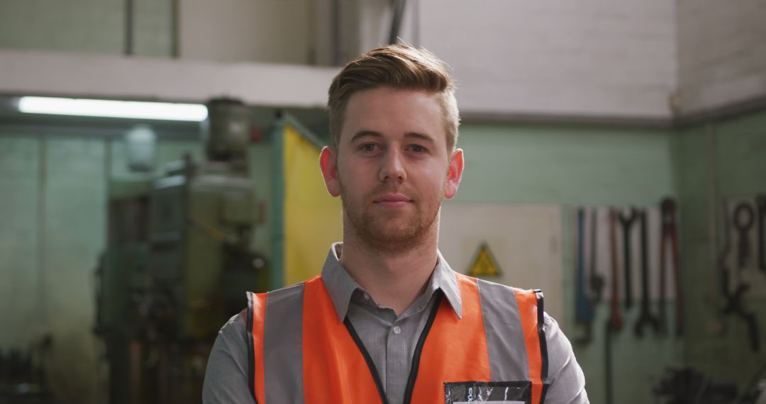 Confident Young Man in Safety Vest in Industrial Factory Environment - Free Images, Stock Photos and Pictures on Pikwizard.com