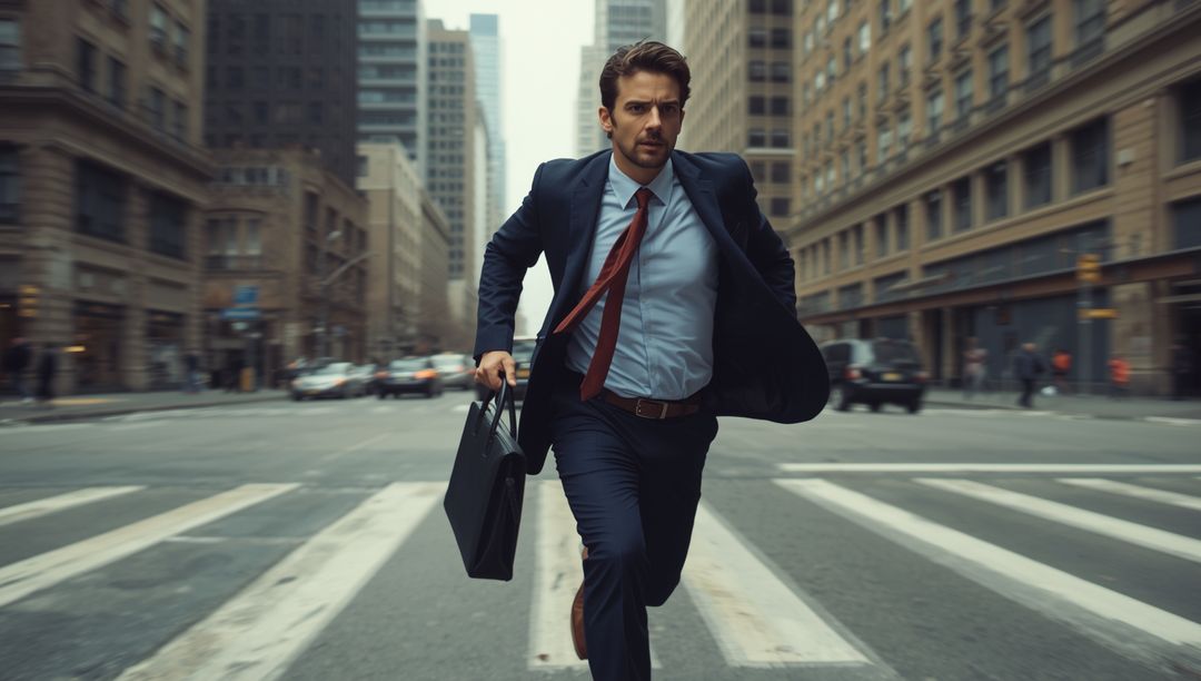 Dynamic Businessman Running Across Busy Crosswalk
