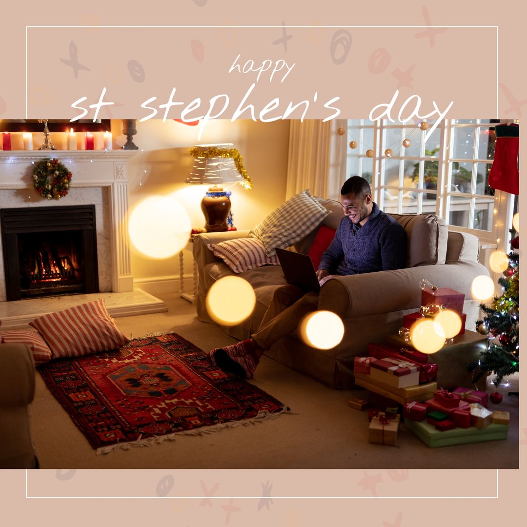 Cozy St. Stephen's Day Celebration with Laptop by Fireplace - Download Free Stock Templates Pikwizard.com