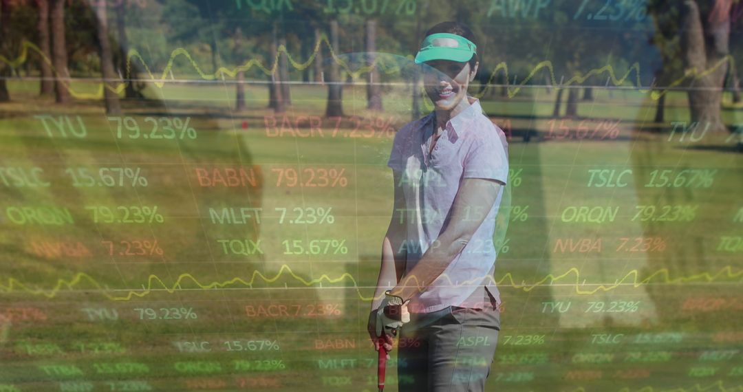 Woman Golfer with Financial Graph Overlay on Fairway