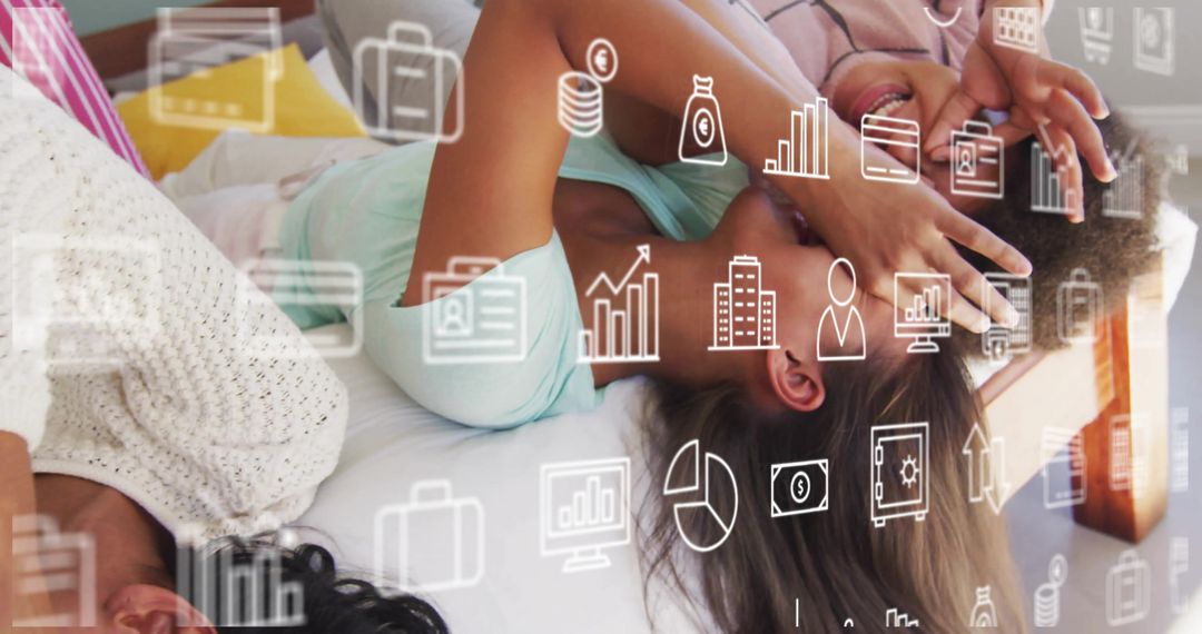 Stressed Couple with Digital Finance Data Overlay in Bedroom