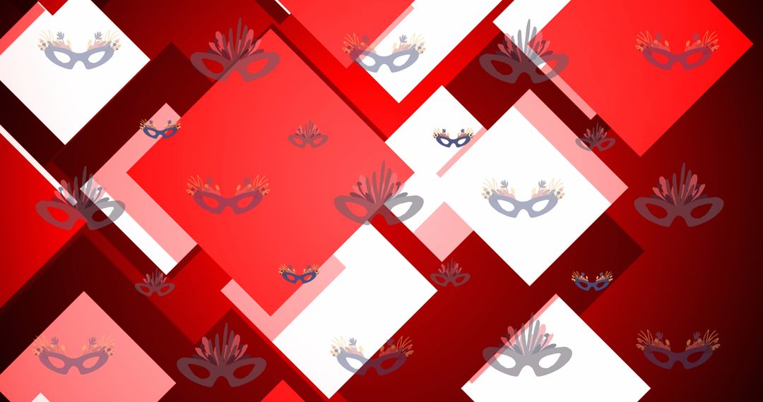 Grey Masquerade Masks on Red and White Geometric Background