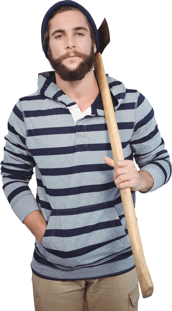 Transparent Hipster with Stripe Hoodie Holding an Axe