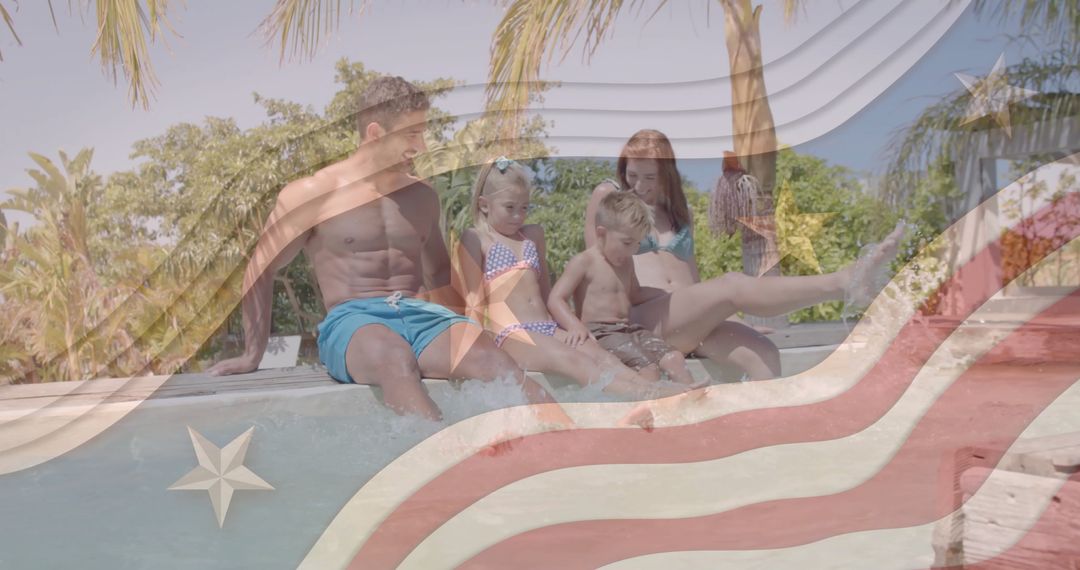 Family Enjoying Summer by Pool with American Flag Overlay