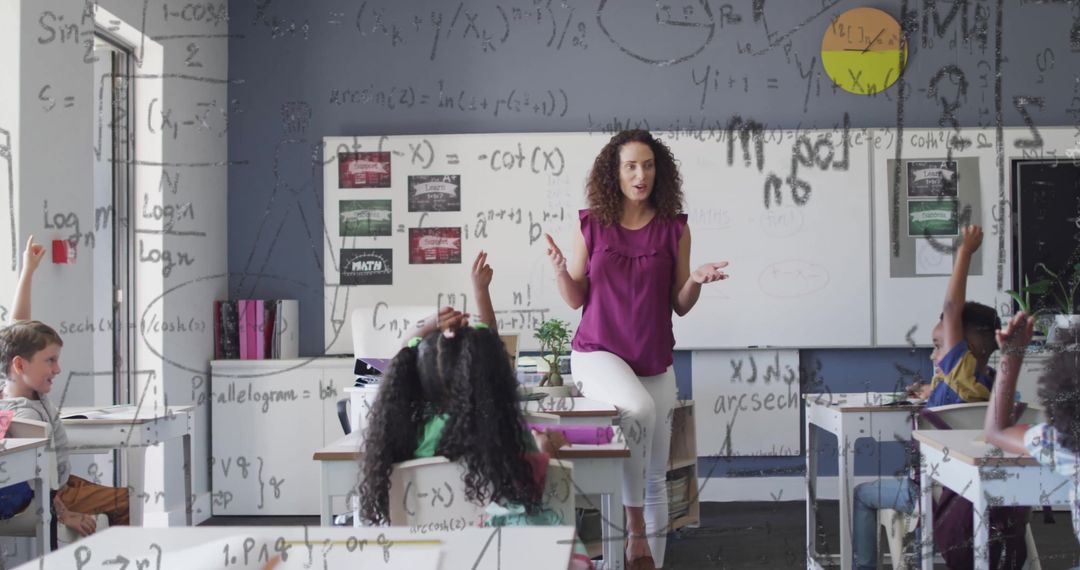 Mathematical Equations Overlay Classroom with Diverse Teacher Guidance