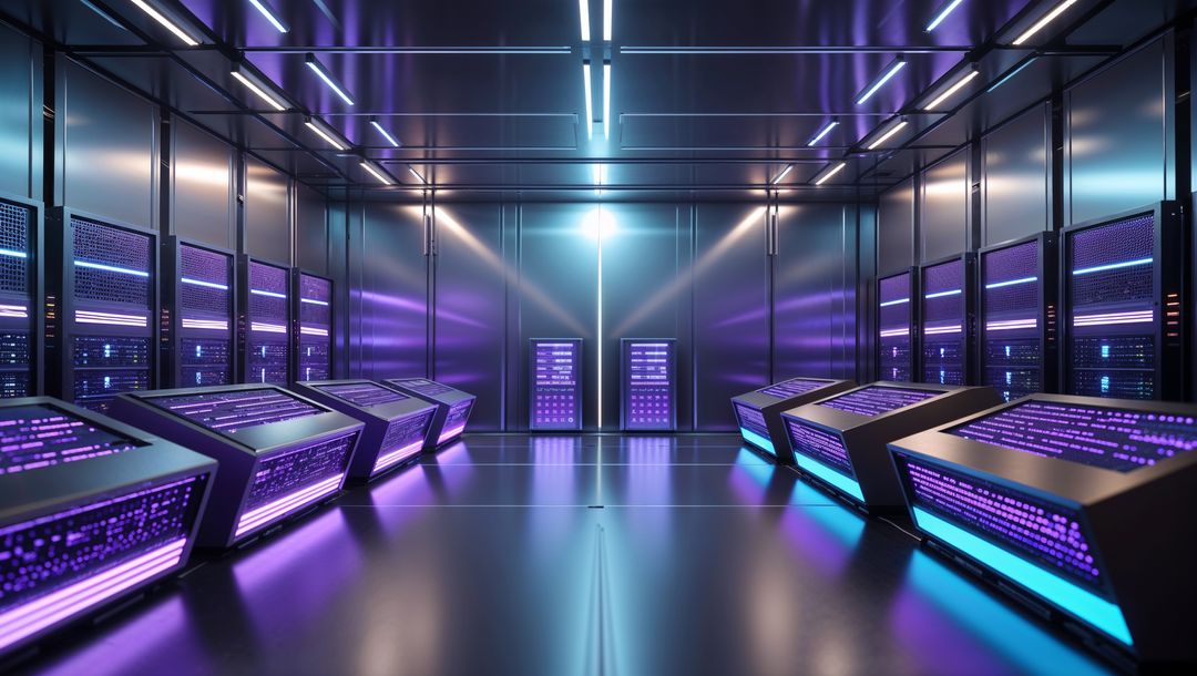 Futuristic data center with glowing console terminals for website designs