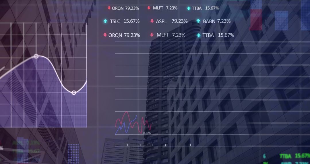 Data Analysis Overlay on Urban Skyline Representing Global Business Trends