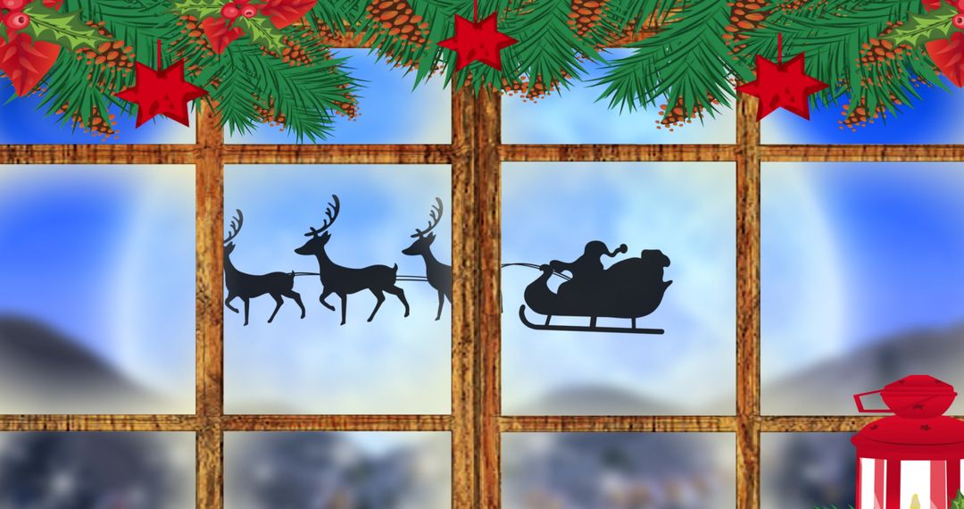 Christmas Window View with Santa's Sleigh and Reindeer - Free Images, Stock Photos and Pictures on Pikwizard.com