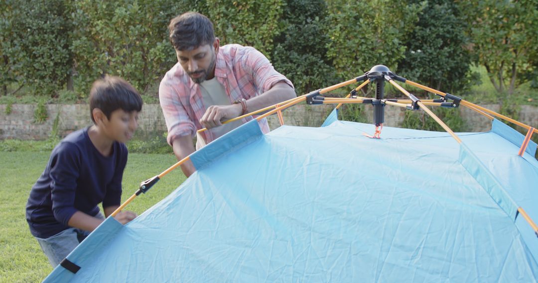 Father and Son Camping Adventure with Pop-Up Tent Assembly