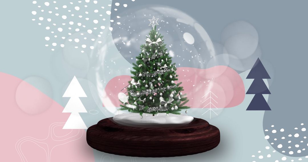 Christmas Tree in Snow Globe with Festive Abstract Background