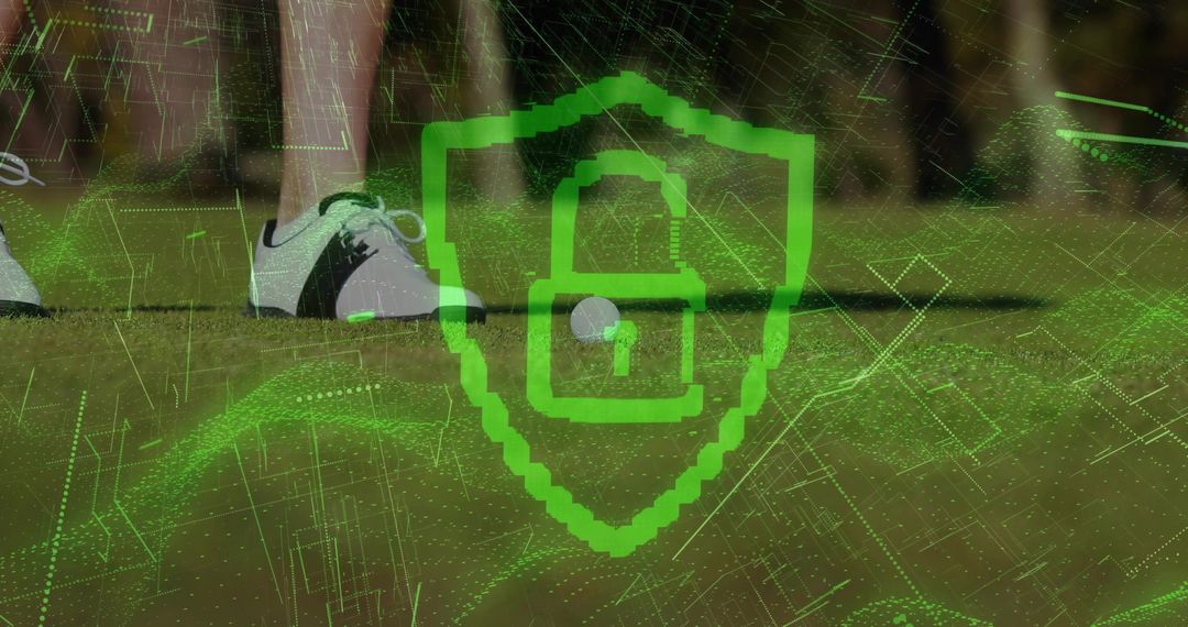 Protecting golf data with digital shield and padlock overlaying golf ball on tee