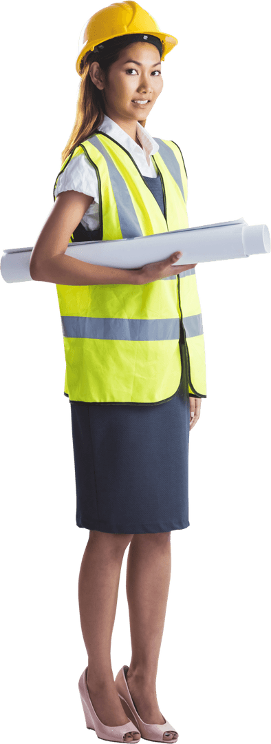 Transparent Confident Female Architect Holding Blueprints