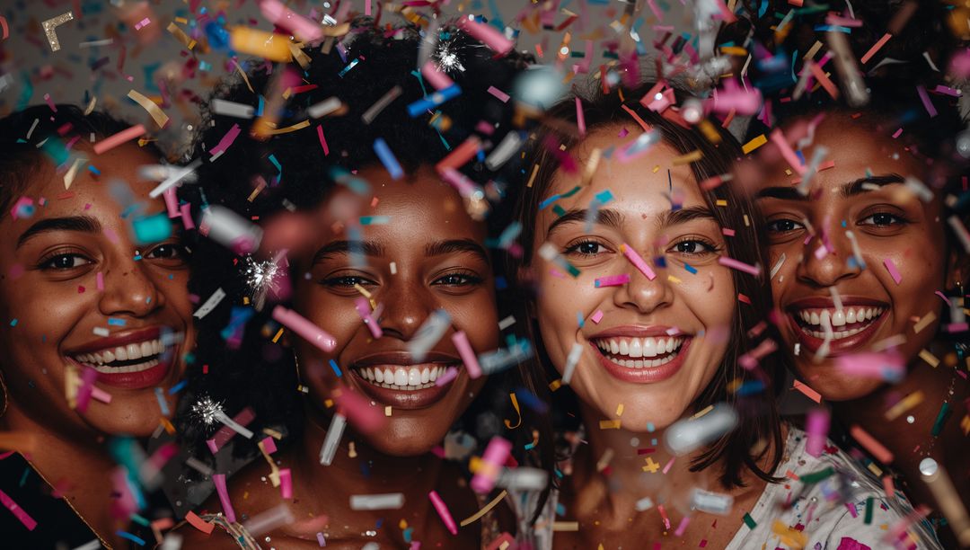 Smiling friends celebrating with colorful confetti and streamers close-up portrait